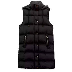 Zara hooded puffy vest; 33” from shoulder to hem; gold zipper and snaps